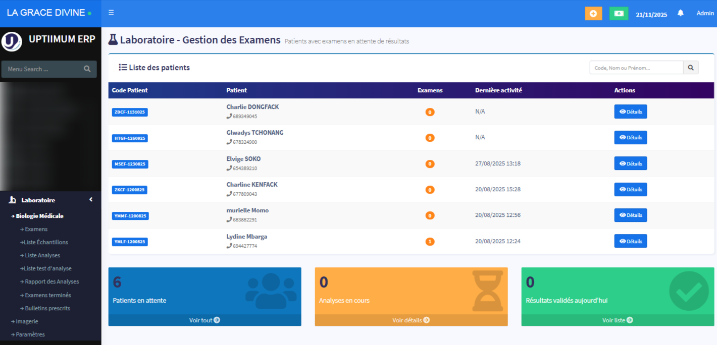 Tableau de bord principal Uptiimum ERP