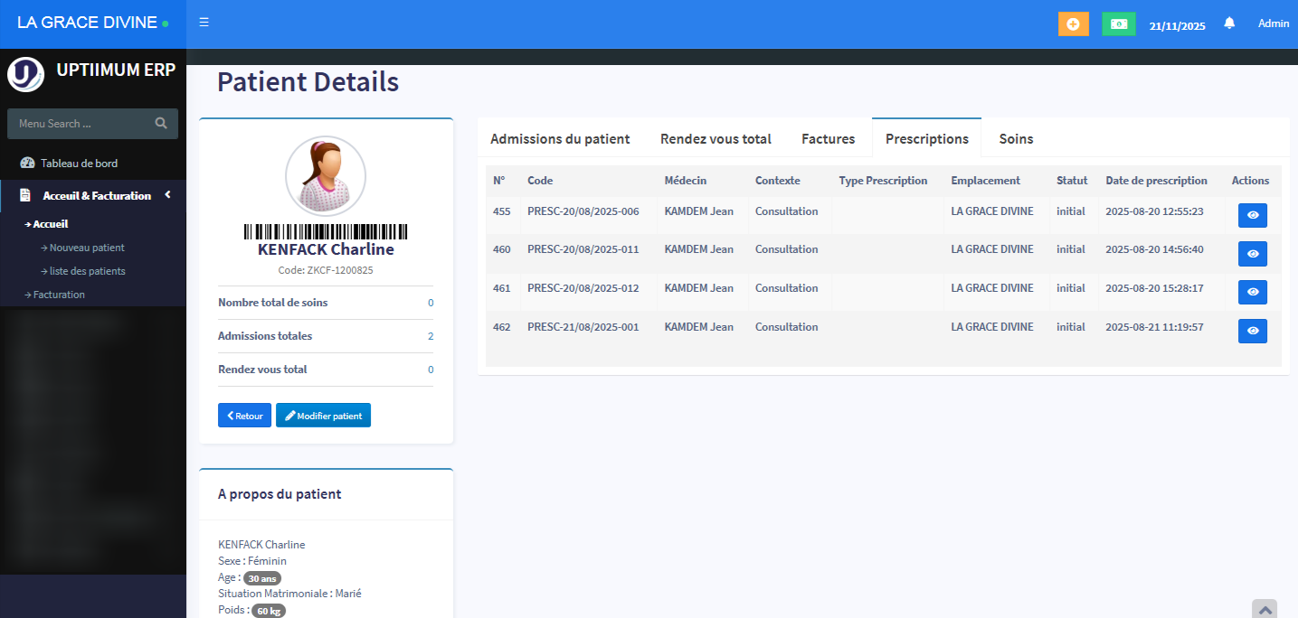 Détail patient Uptiimum ERP